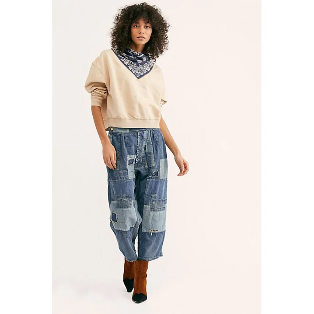 NWT Free People James Bandana Print Pullover Sweatshirt Ecru Ivory Navy Medium - Picture 2 of 11